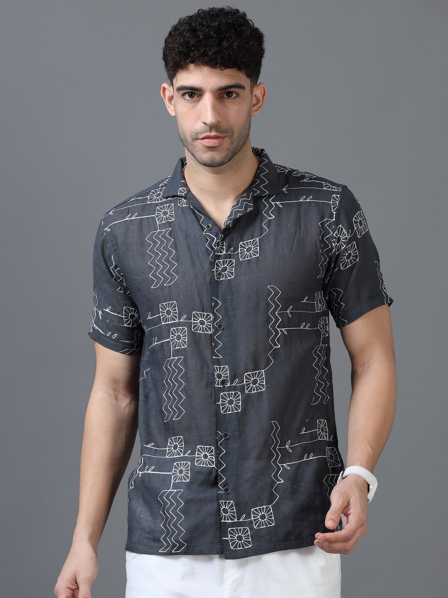Grey Color Linen cotton Embroidery Work Half Sleeve Shirt