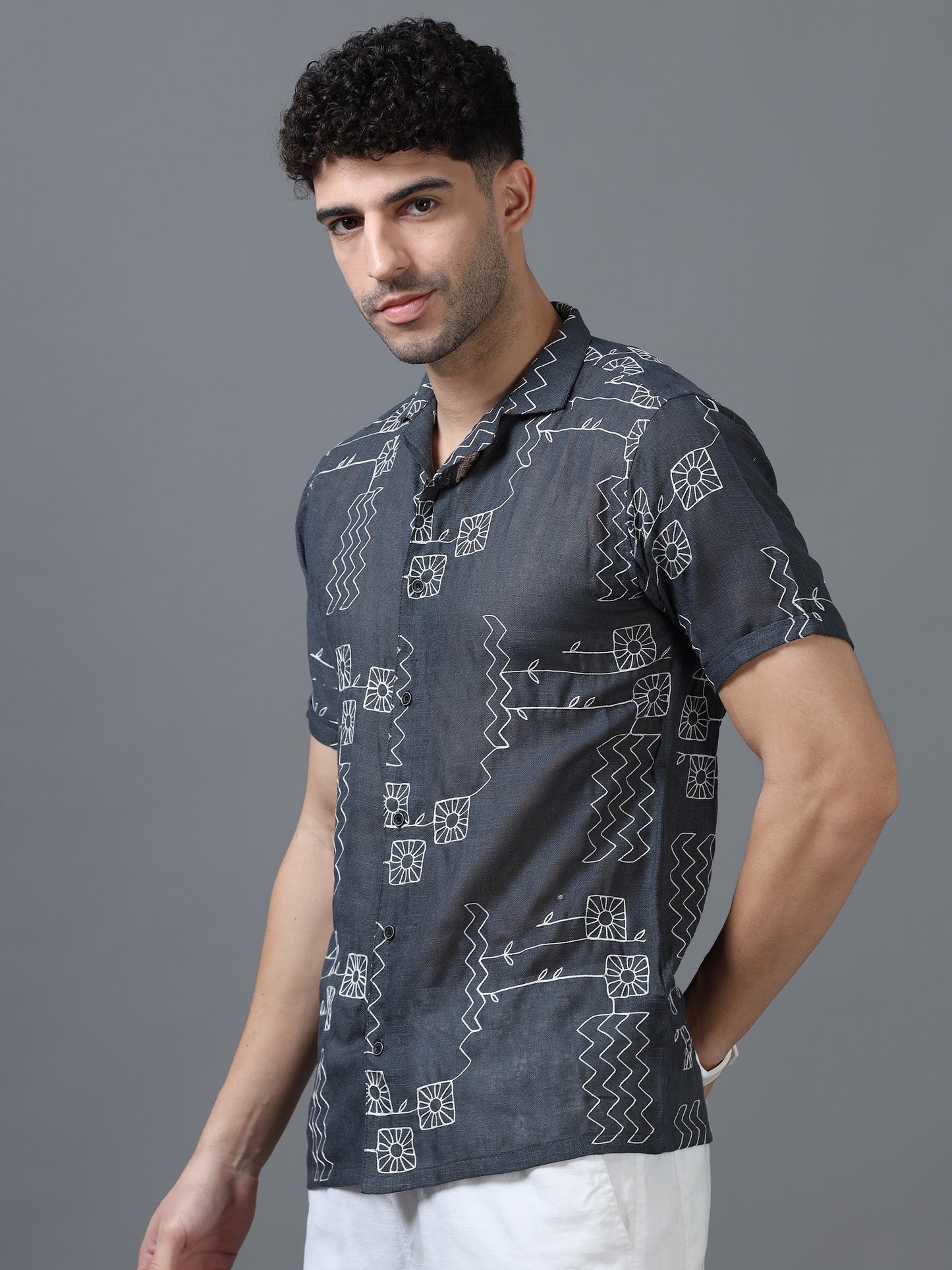 Grey Color Linen cotton Embroidery Work Half Sleeve Shirt