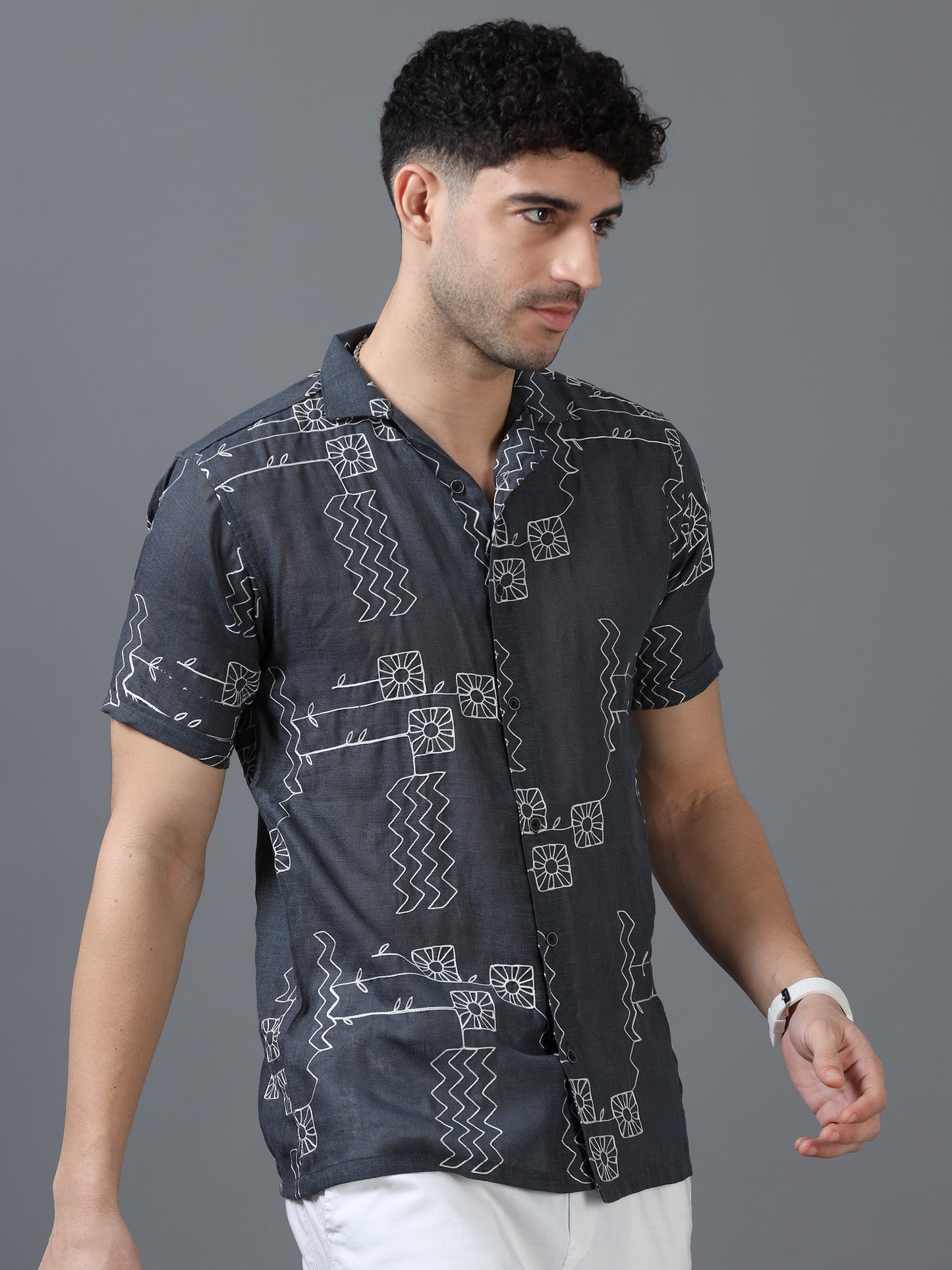 Grey Color Linen cotton Embroidery Work Half Sleeve Shirt