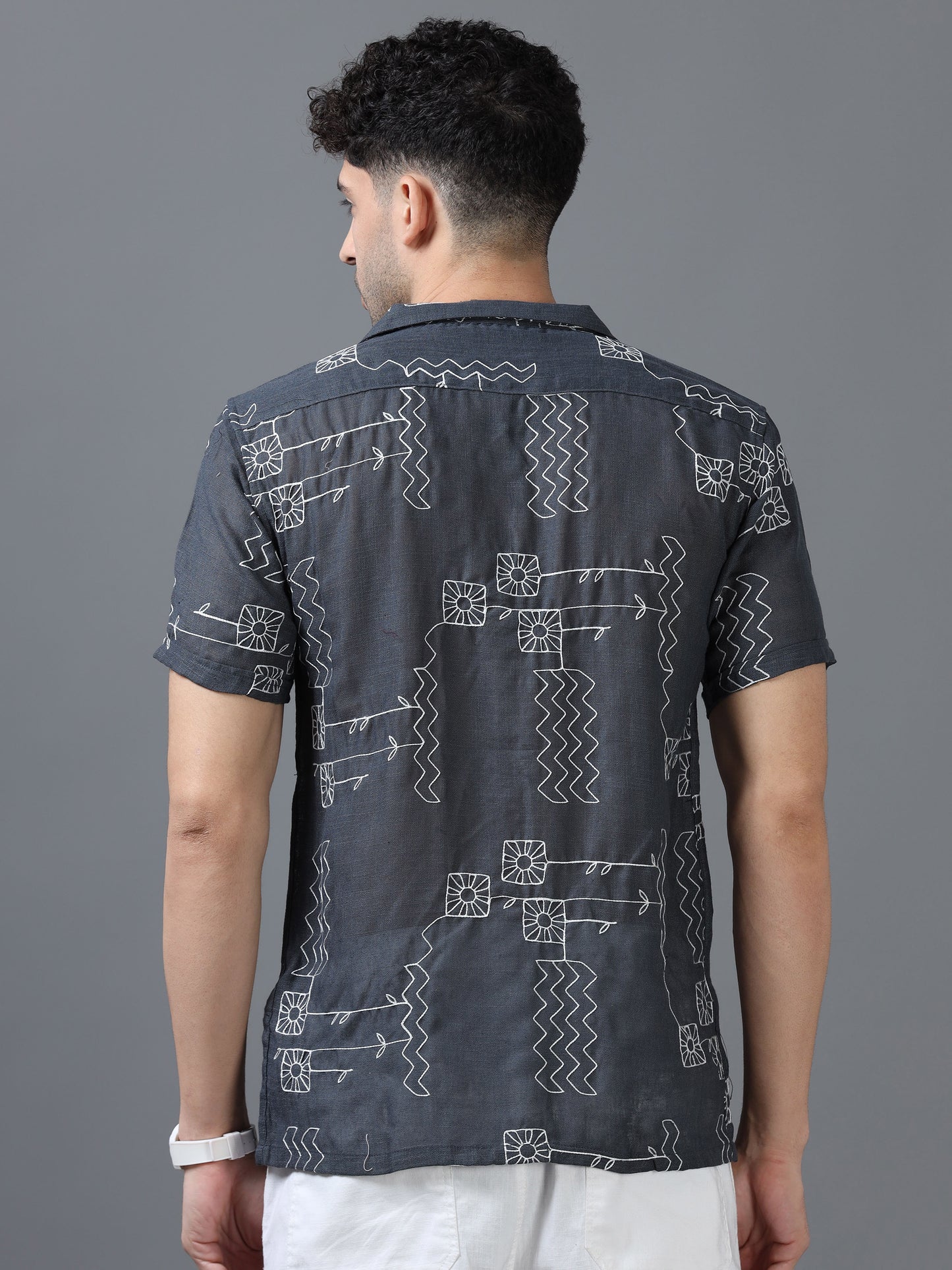 Grey Color Linen cotton Embroidery Work Half Sleeve Shirt
