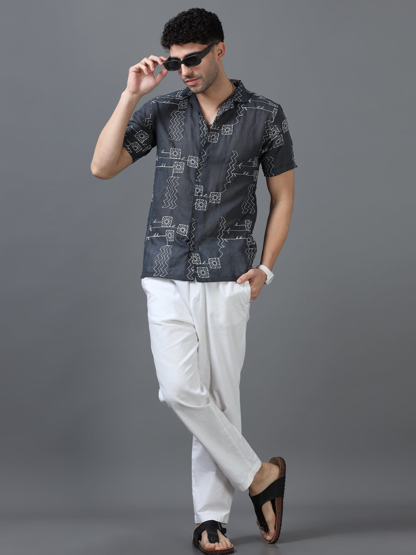 Grey Color Linen cotton Embroidery Work Half Sleeve Shirt