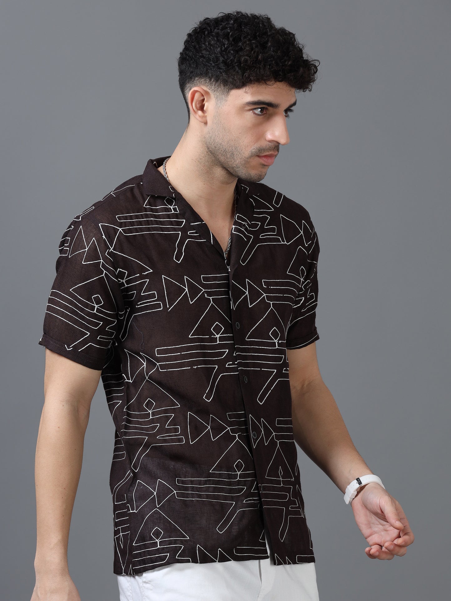 Brown Color Linen cotton Embroidery Work Half Sleeve Shirt