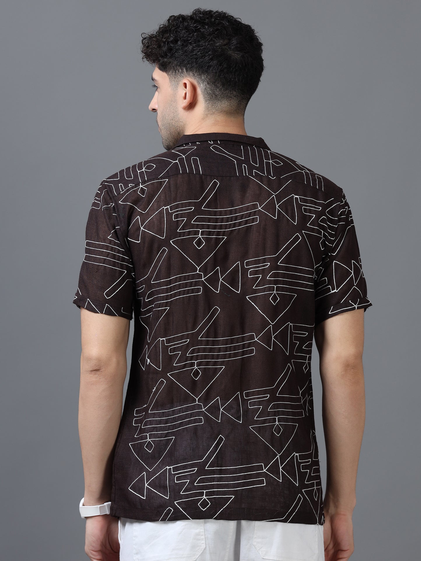 Brown Color Linen cotton Embroidery Work Half Sleeve Shirt