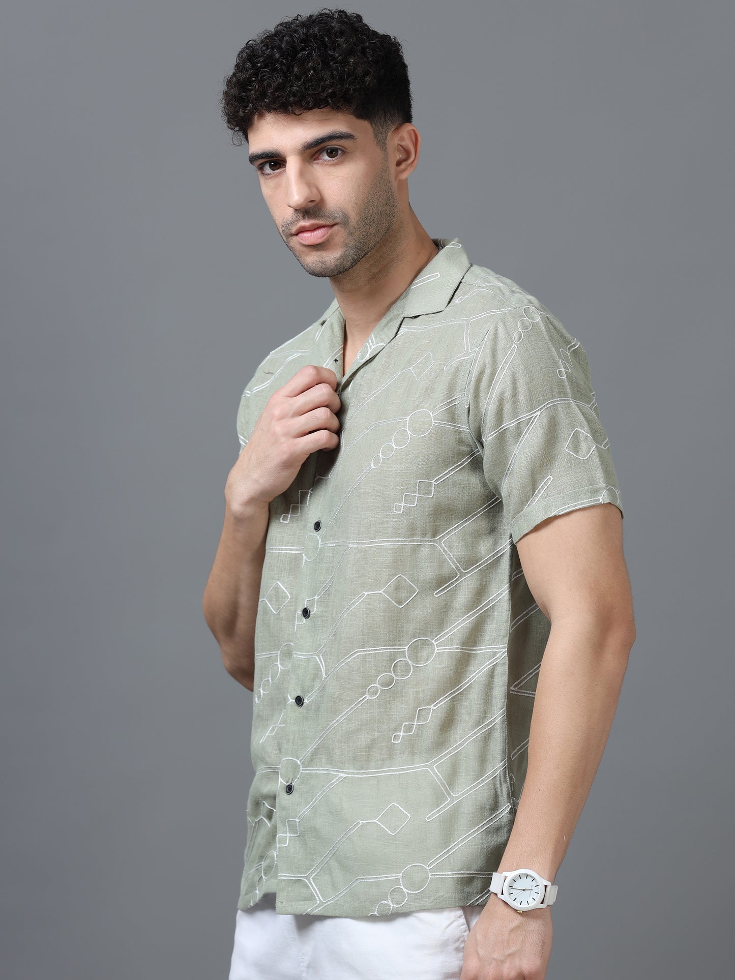 Pista Green Color Linen cotton Embroidery Work Half Sleeve Shirt