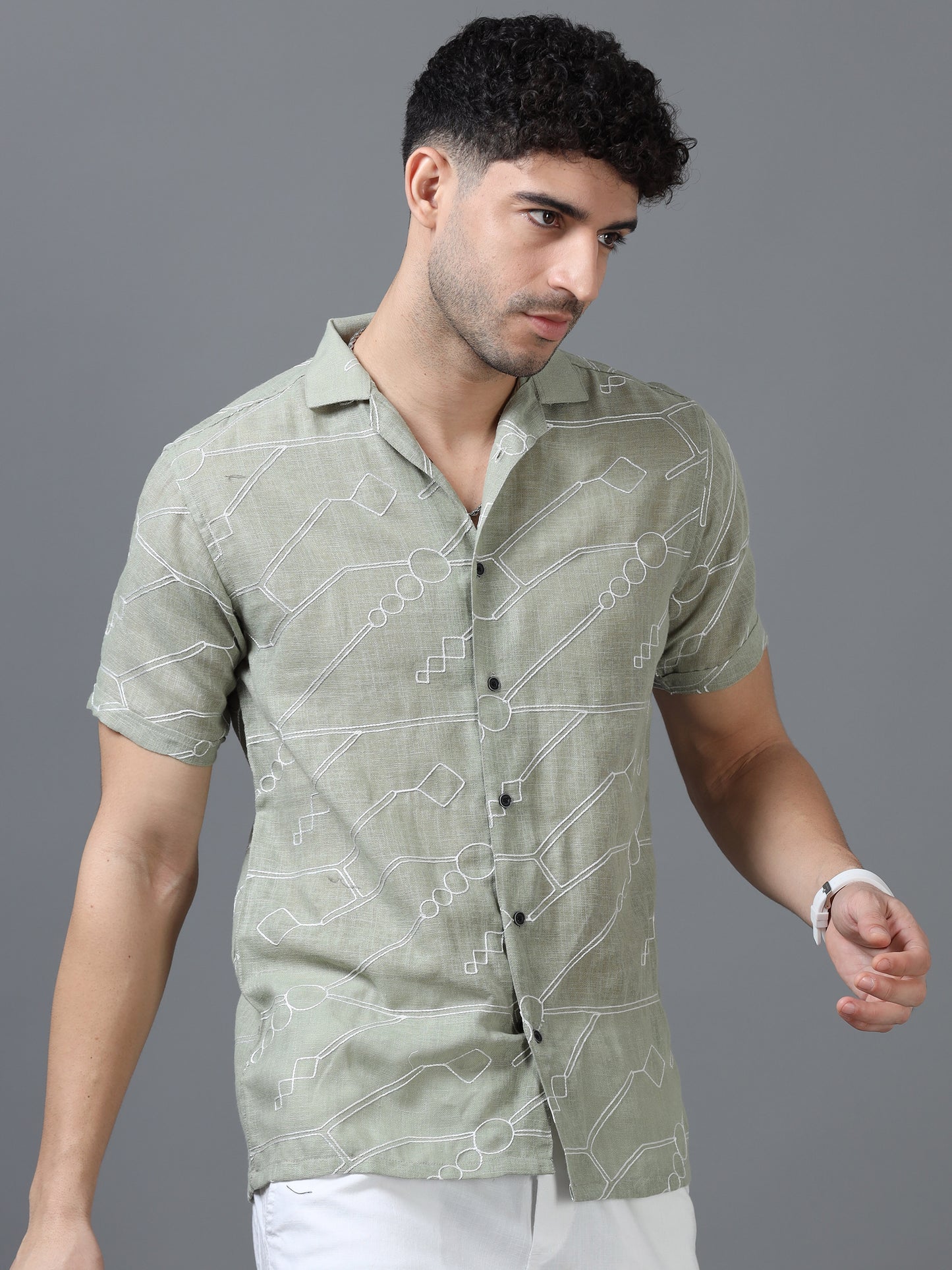 Pista Green Color Linen cotton Embroidery Work Half Sleeve Shirt
