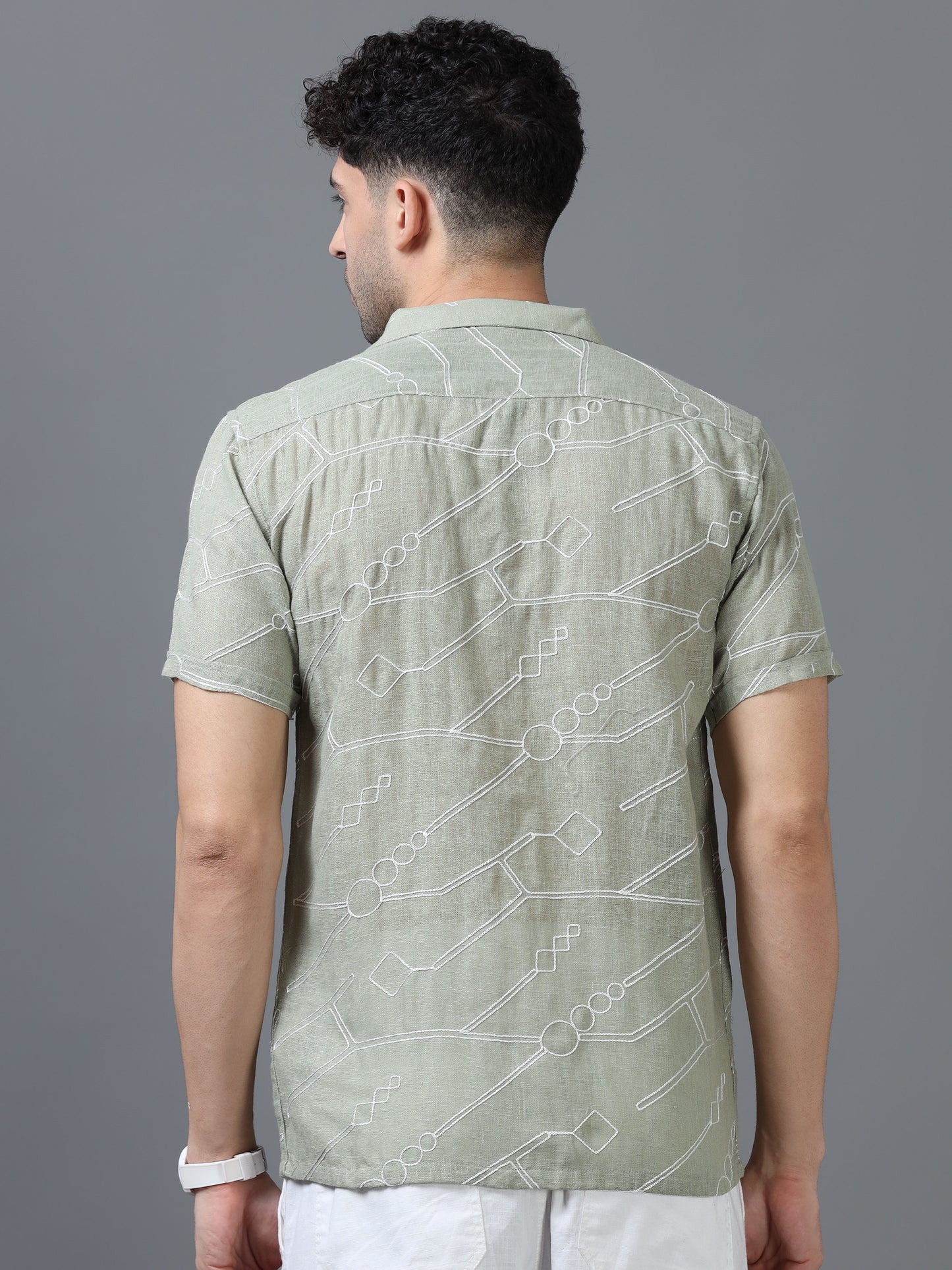 Pista Green Color Linen cotton Embroidery Work Half Sleeve Shirt