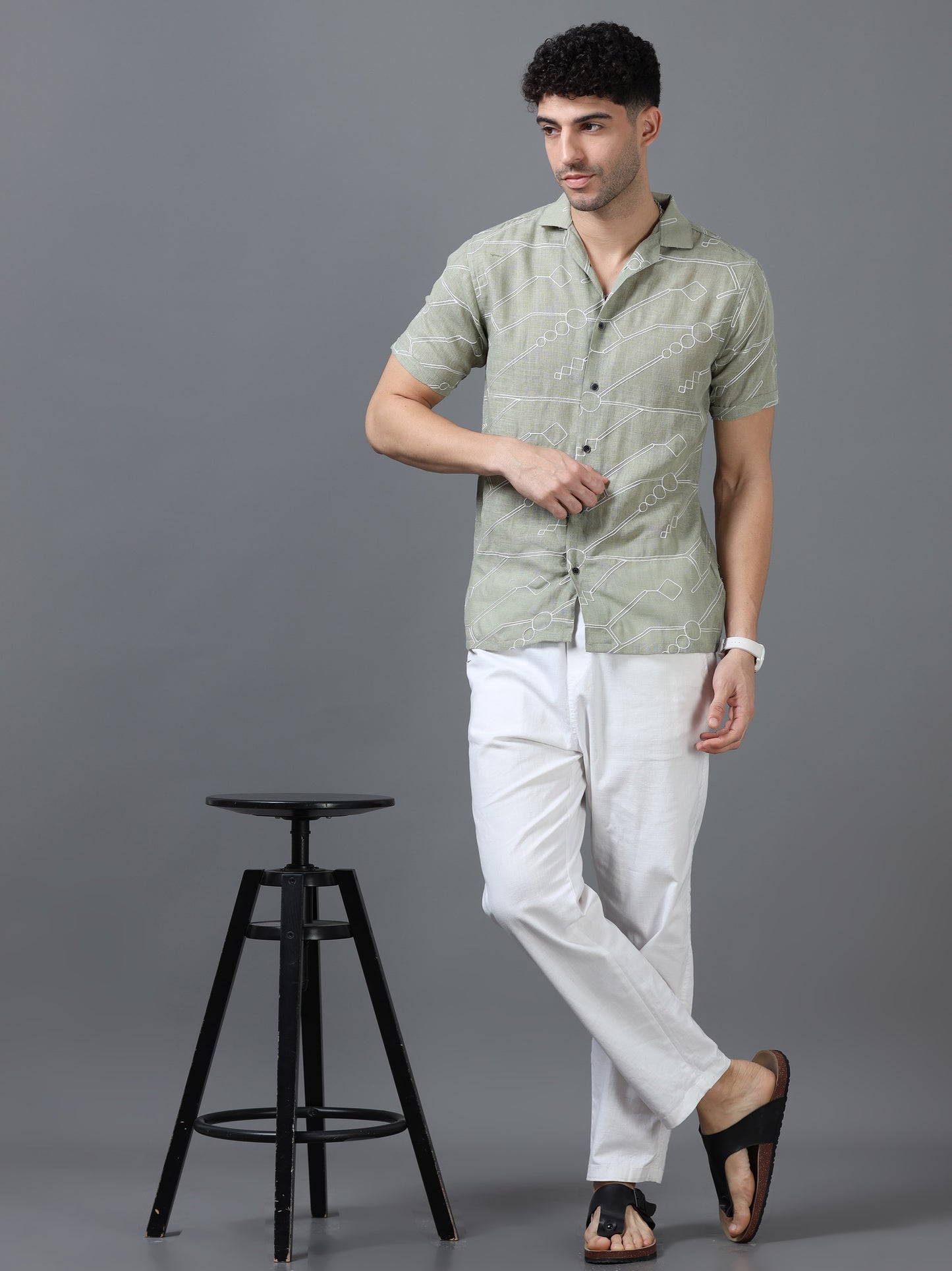 Pista Green Color Linen cotton Embroidery Work Half Sleeve Shirt