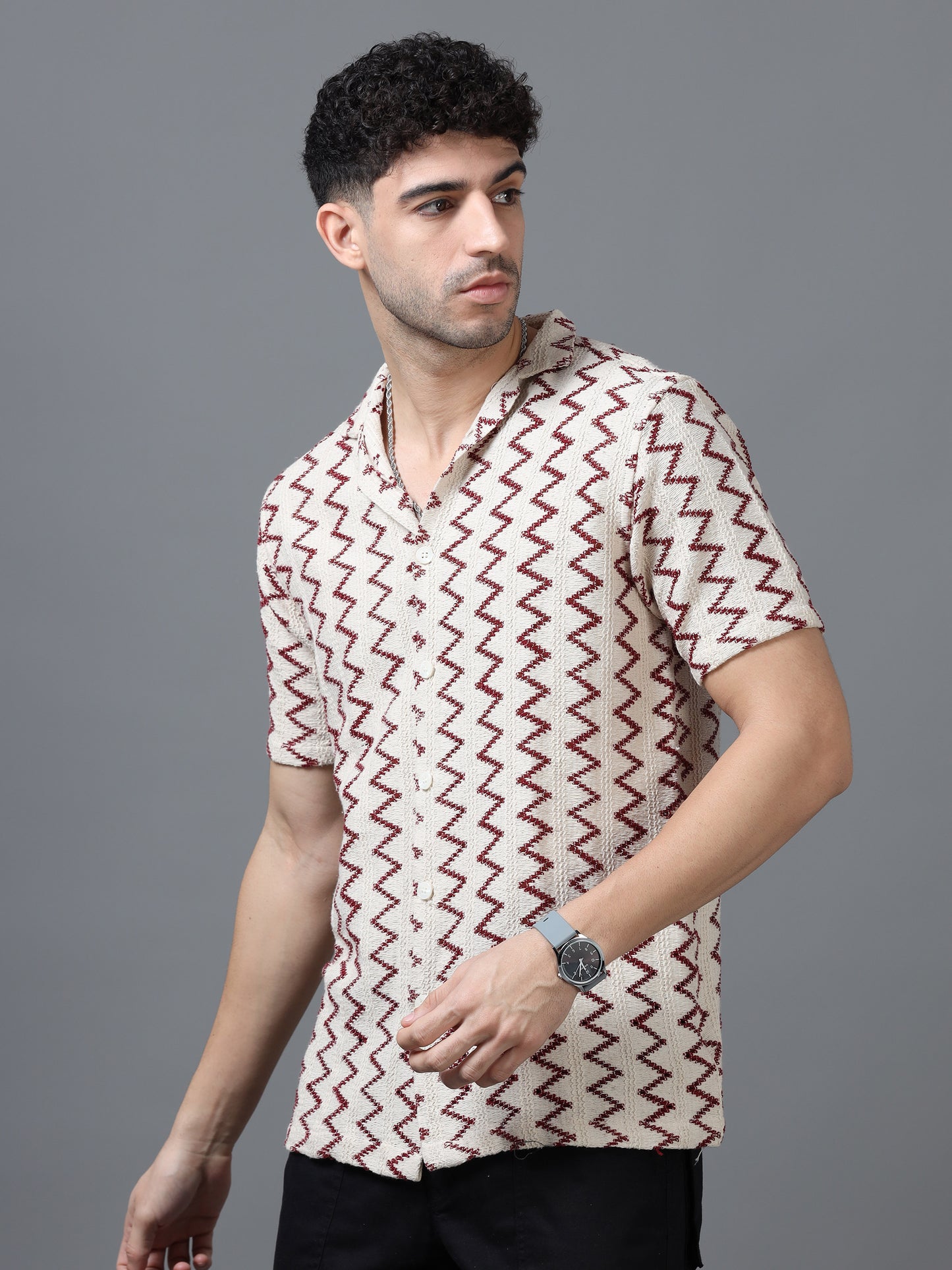 Men's Cream Color 100% Cotton Zig Zag Half Sleeve Shirt
