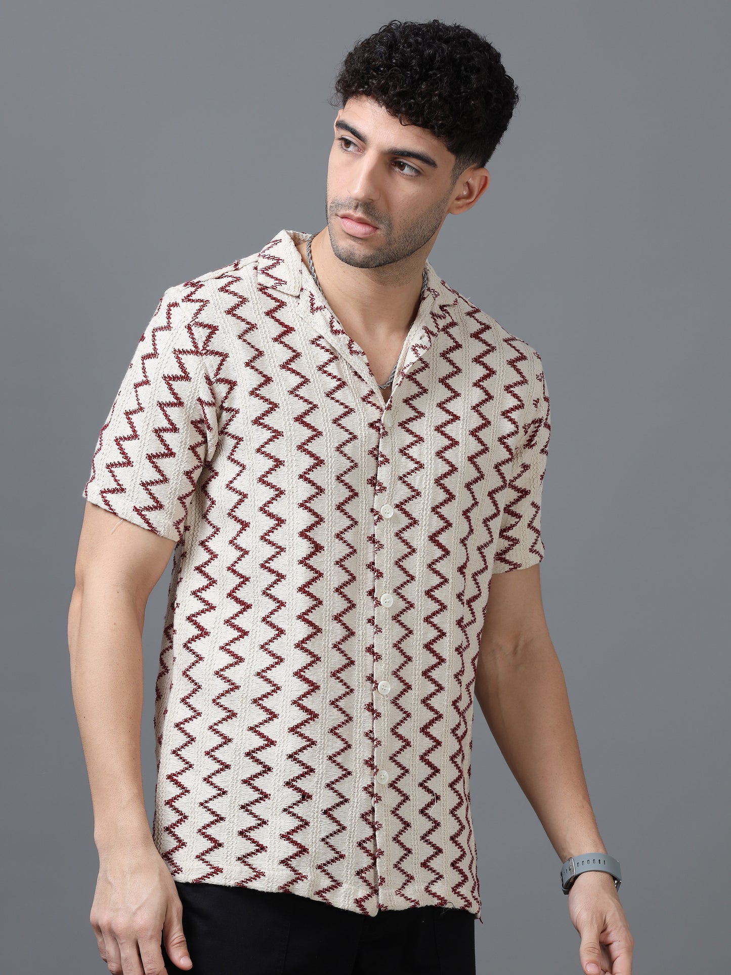 Men's Cream Color 100% Cotton Zig Zag Half Sleeve Shirt