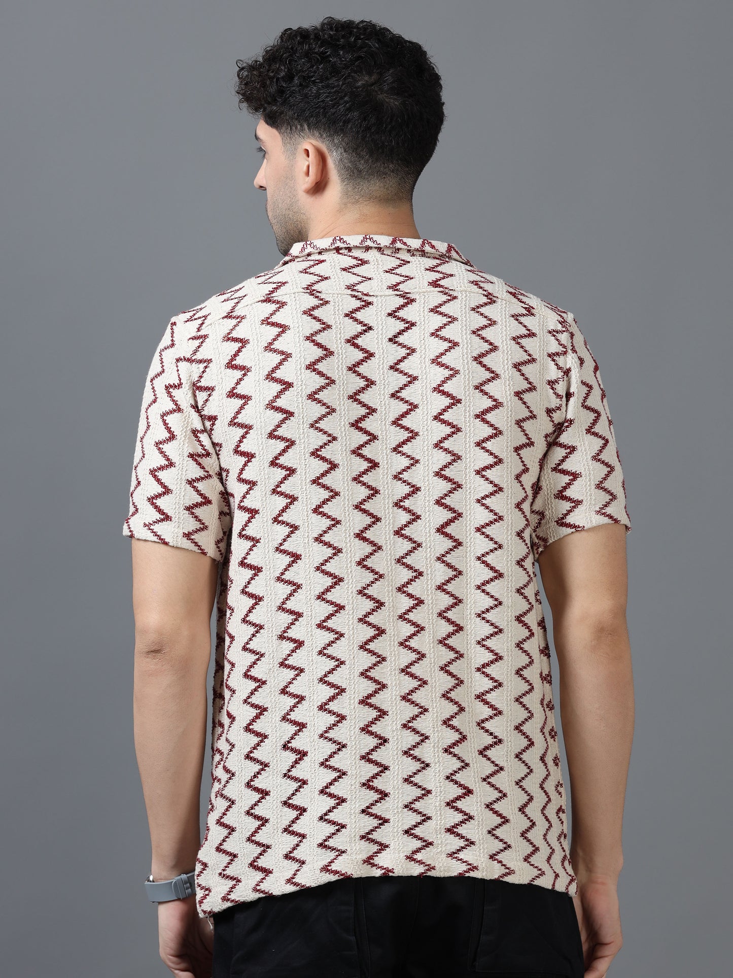 Men's Cream Color 100% Cotton Zig Zag Half Sleeve Shirt