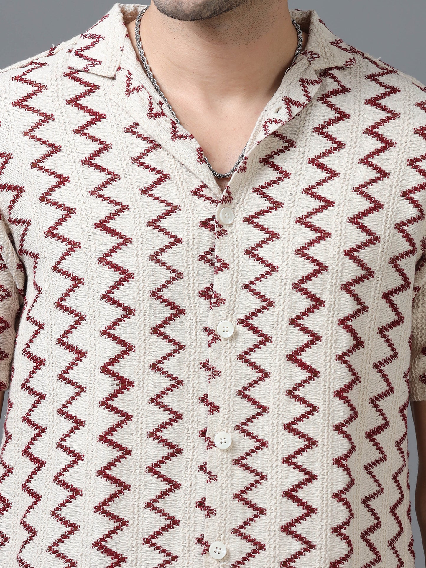 Men's Cream Color 100% Cotton Zig Zag Half Sleeve Shirt