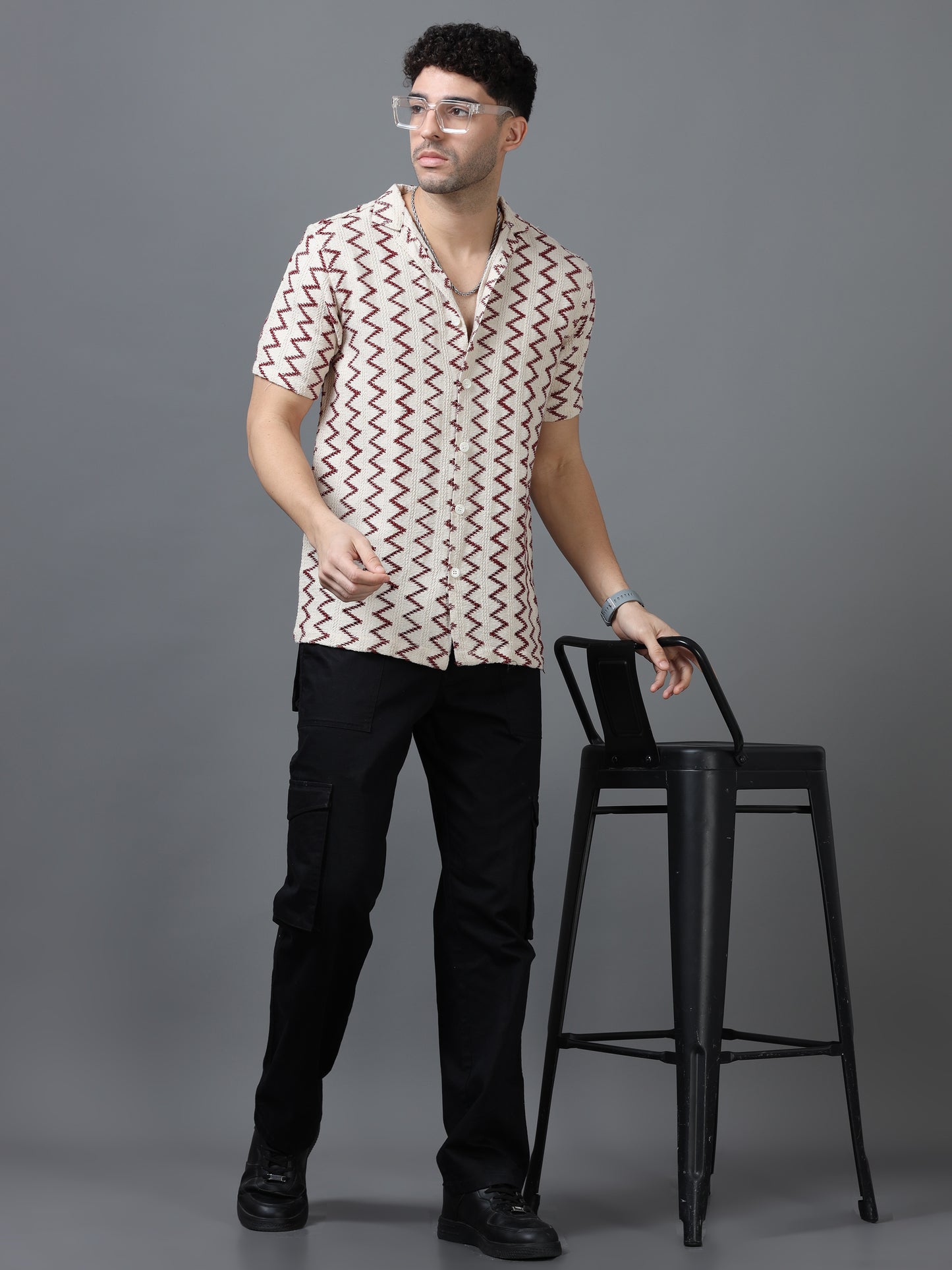 Men's Cream Color 100% Cotton Zig Zag Half Sleeve Shirt
