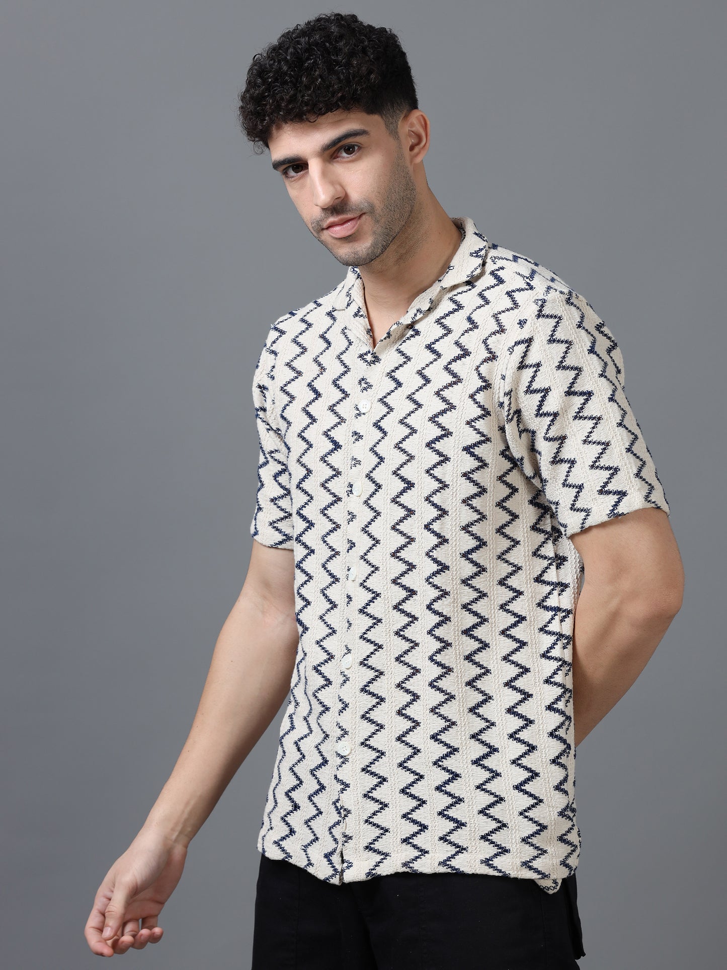 Men's Beige Color 100% Cotton Zig Zag Half Sleeve Shirt