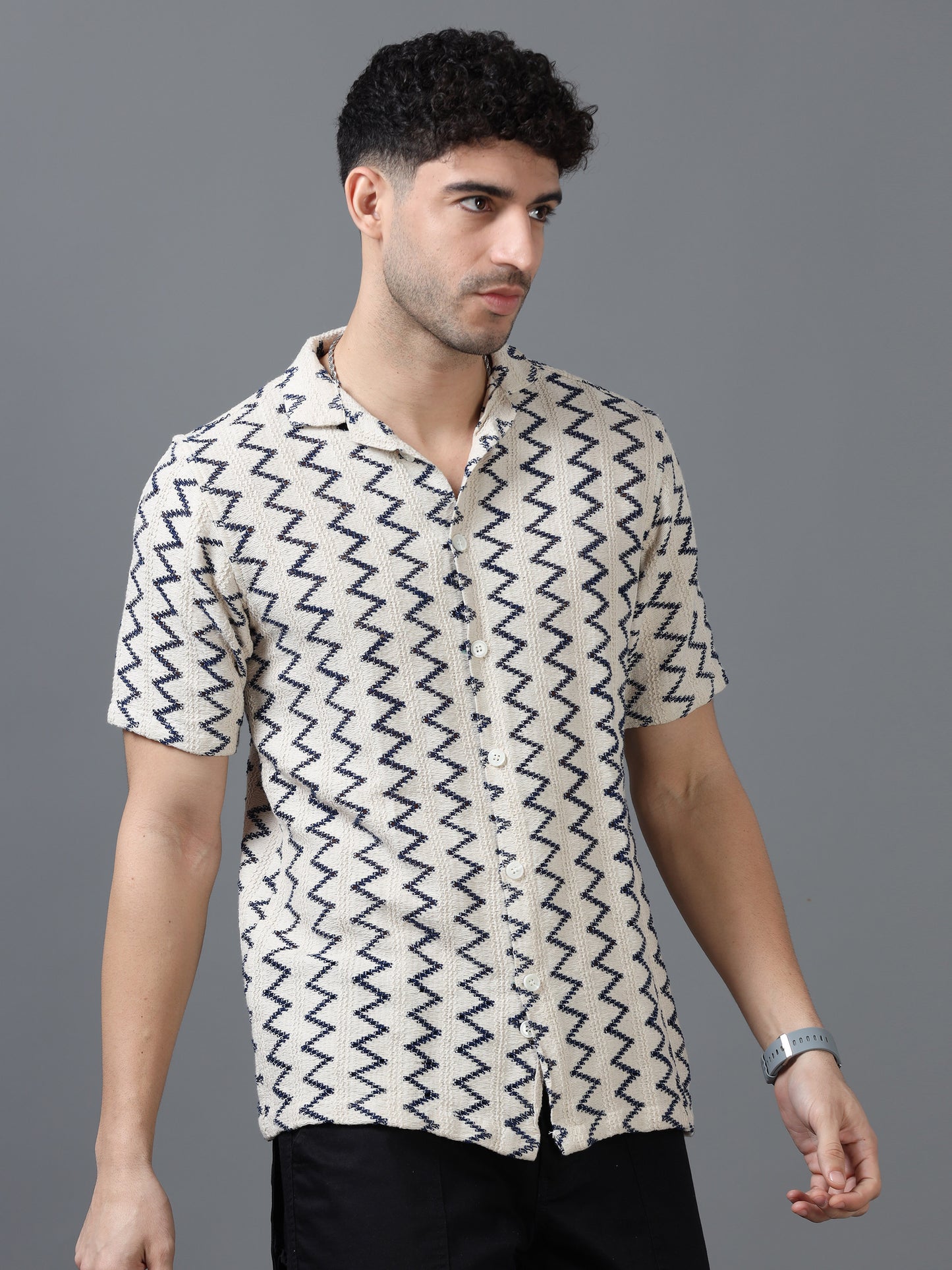 Men's Beige Color 100% Cotton Zig Zag Half Sleeve Shirt