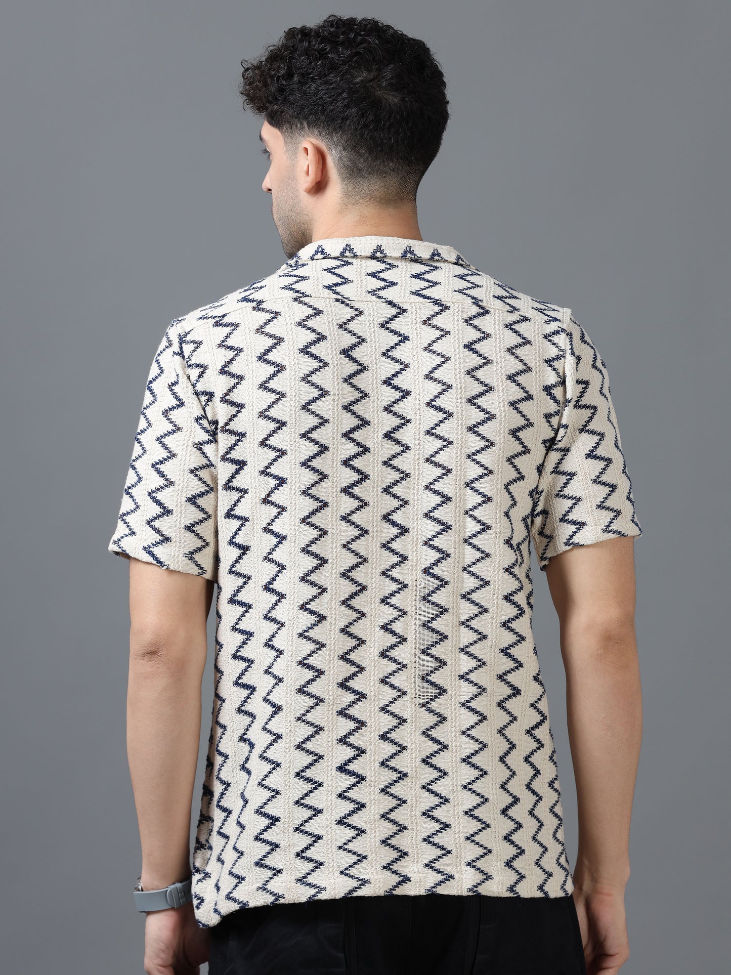 Men's Beige Color 100% Cotton Zig Zag Half Sleeve Shirt