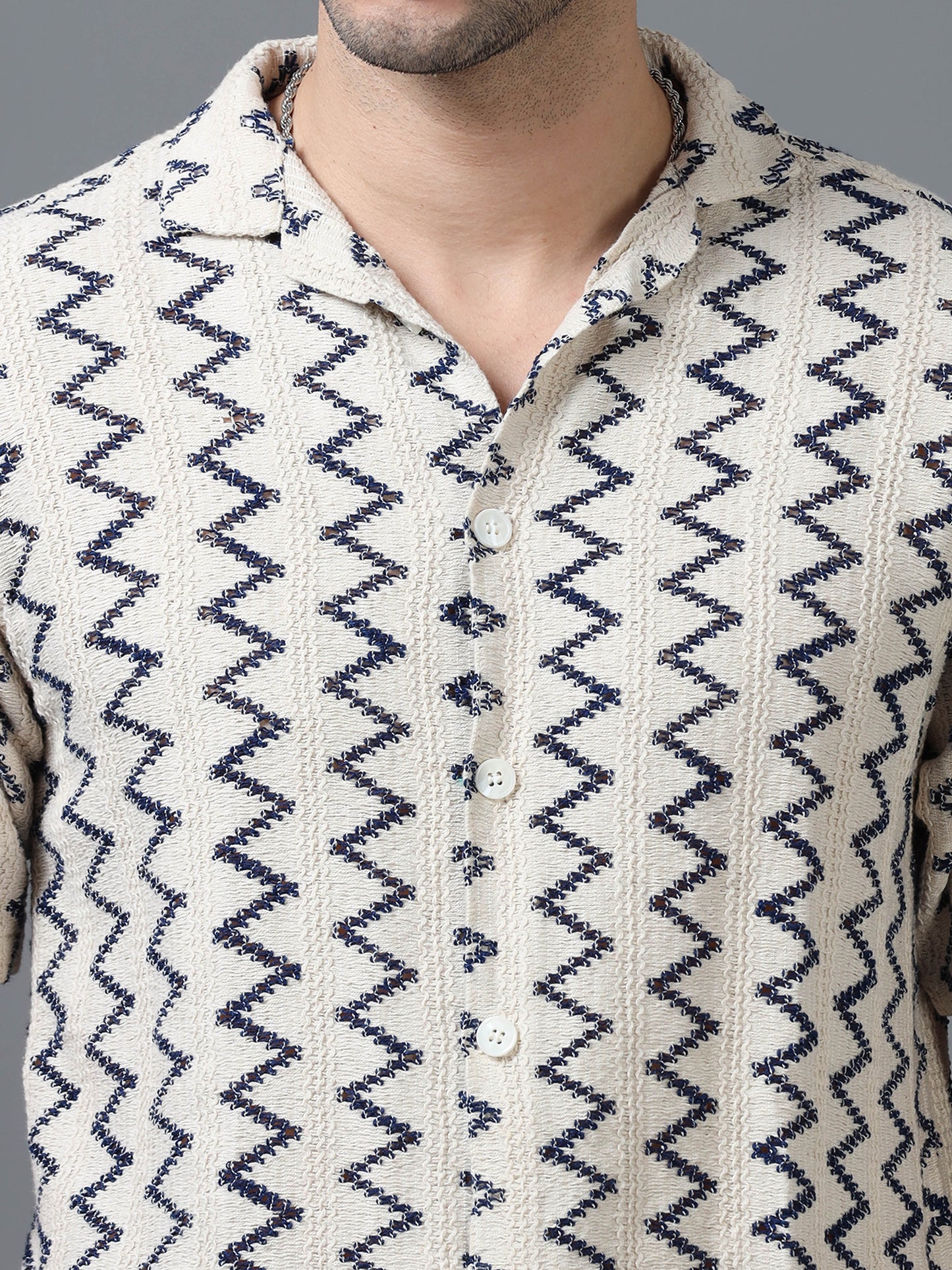 Men's Beige Color 100% Cotton Zig Zag Half Sleeve Shirt