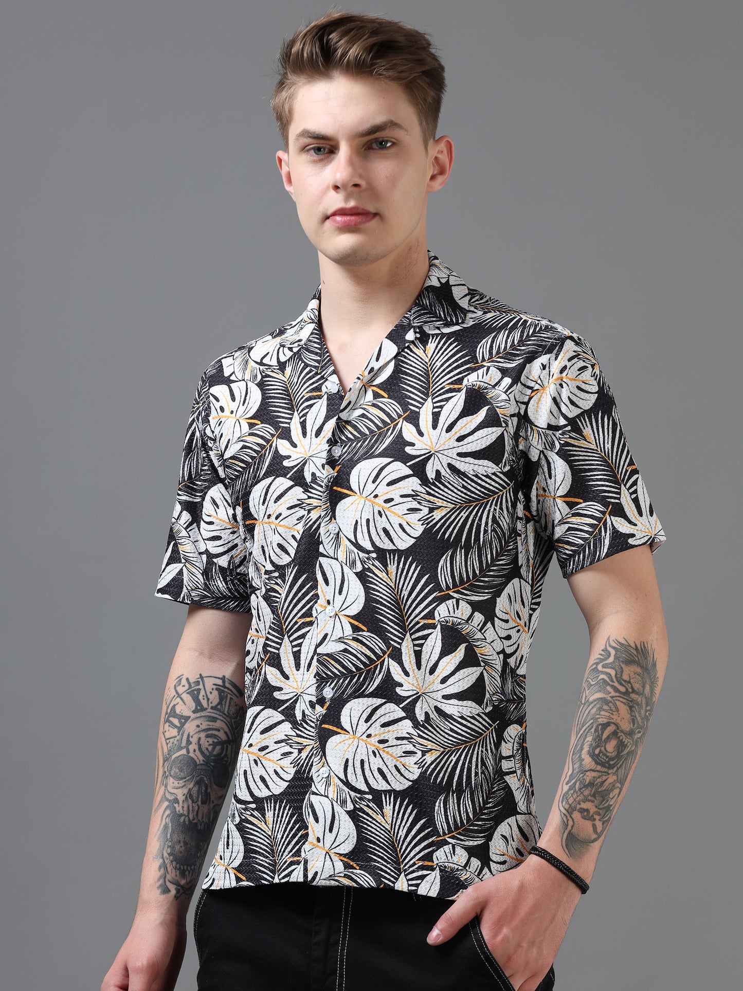 Black and White Color Tussar cotton Printed Half Sleeve Shirt