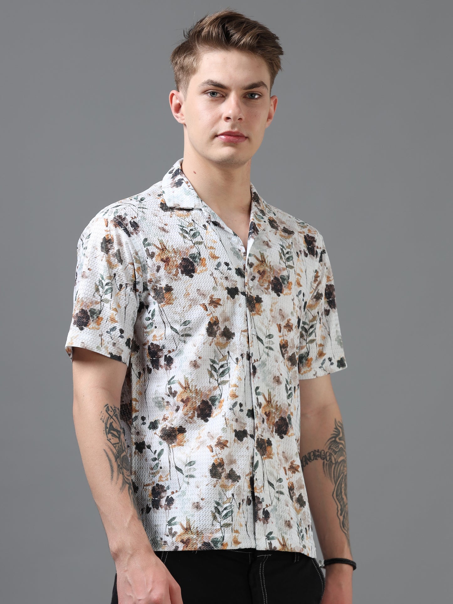 White and Brown Color Tussar cotton Printed Half Sleeve Shirt