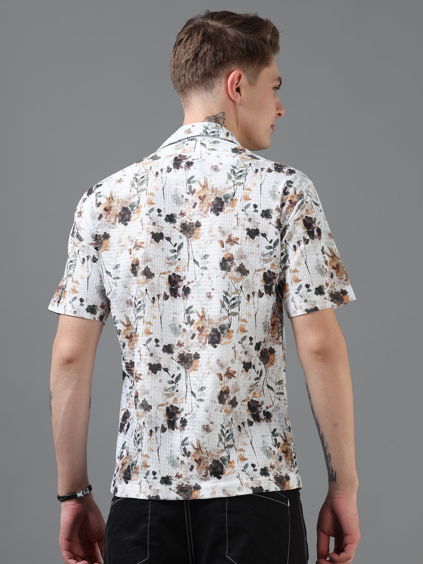 White and Brown Color Tussar cotton Printed Half Sleeve Shirt