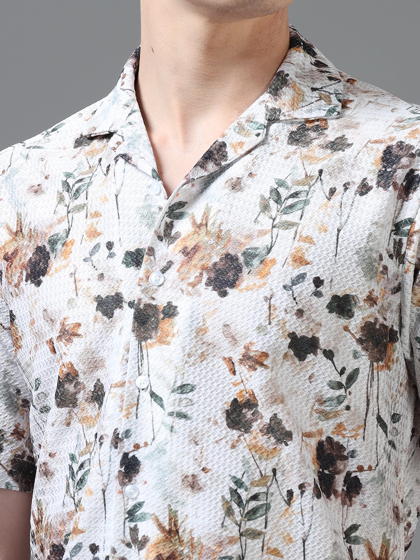 White and Brown Color Tussar cotton Printed Half Sleeve Shirt