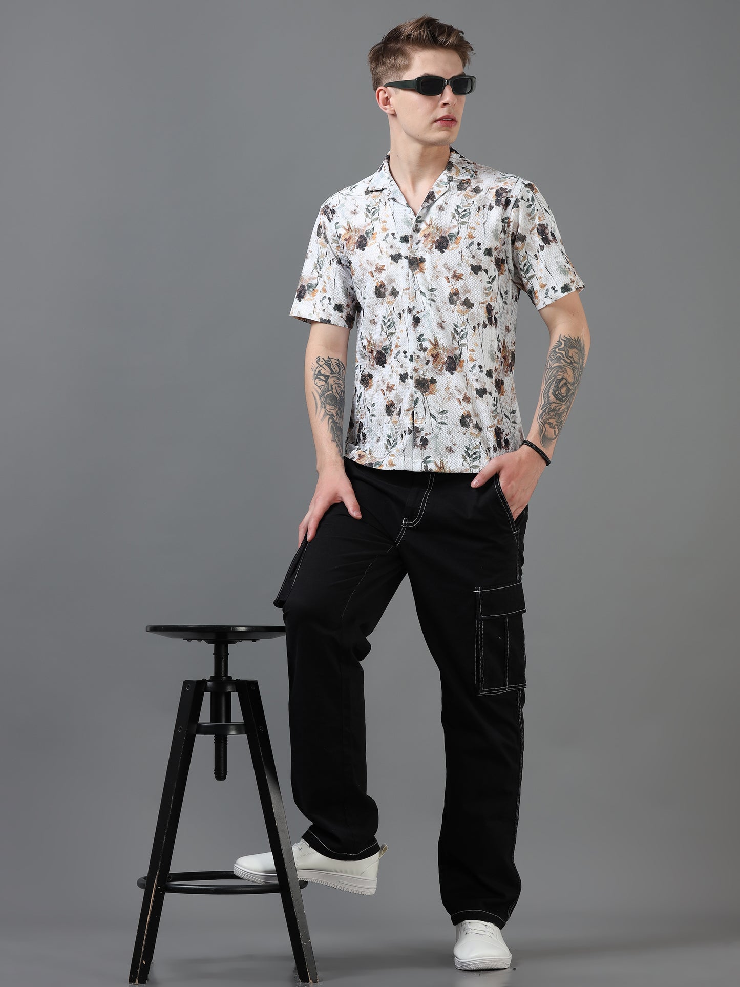 White and Brown Color Tussar cotton Printed Half Sleeve Shirt