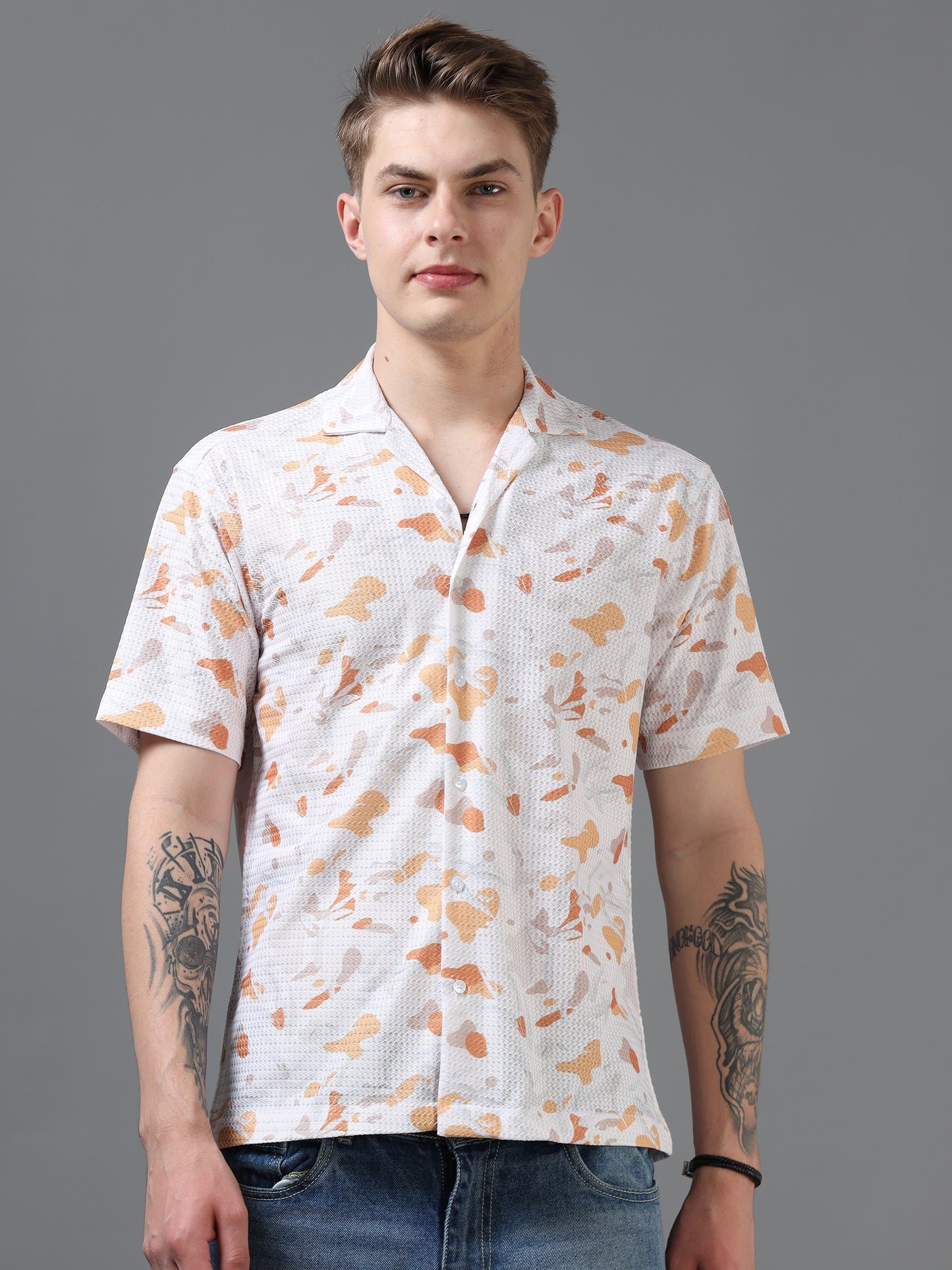 White and Orange Color Tussar cotton Printed Half Sleeve Shirt