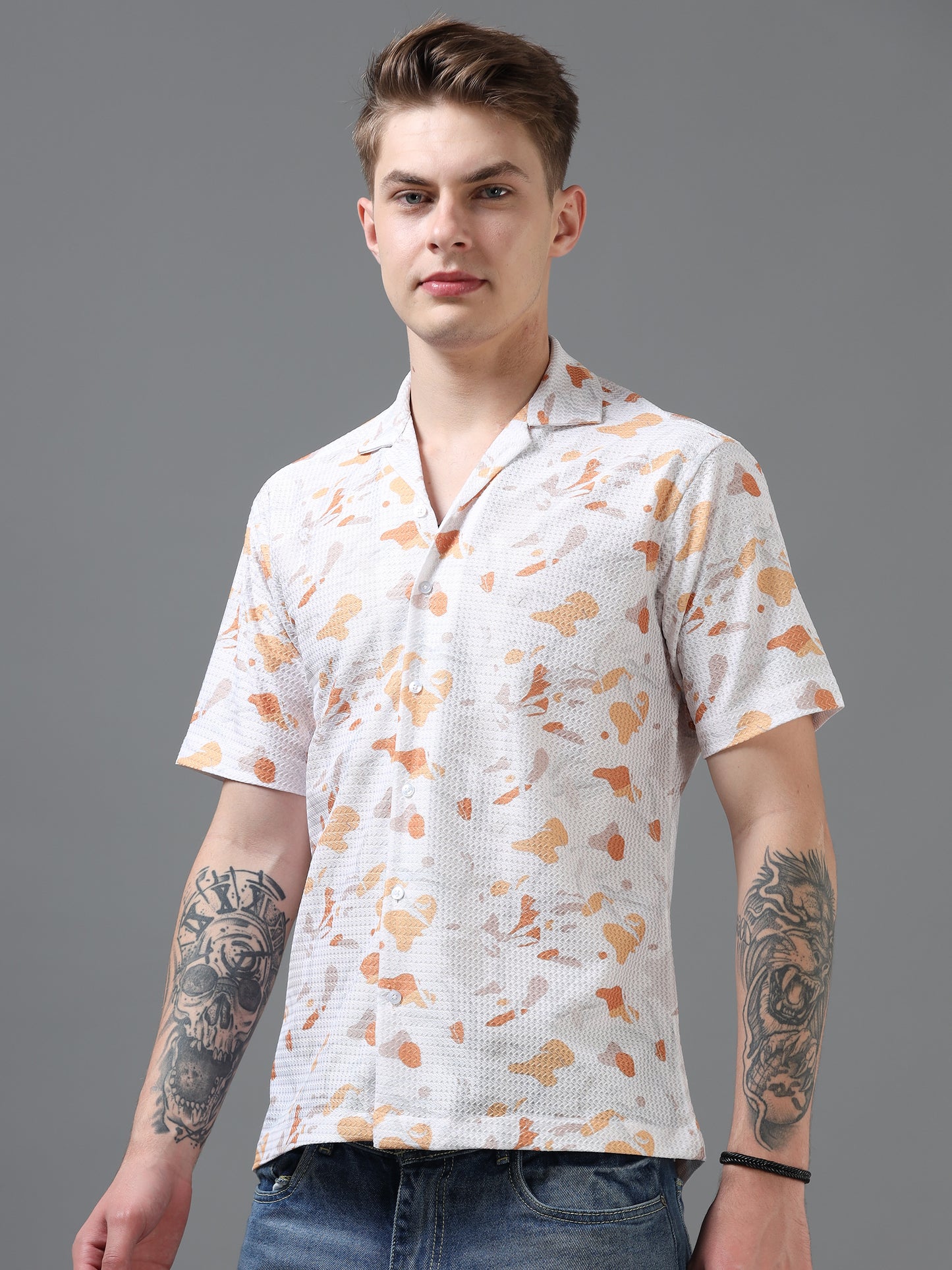 White and Orange Color Tussar cotton Printed Half Sleeve Shirt