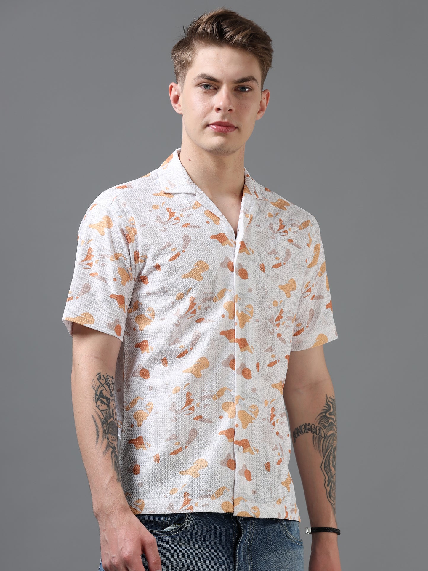 White and Orange Color Tussar cotton Printed Half Sleeve Shirt