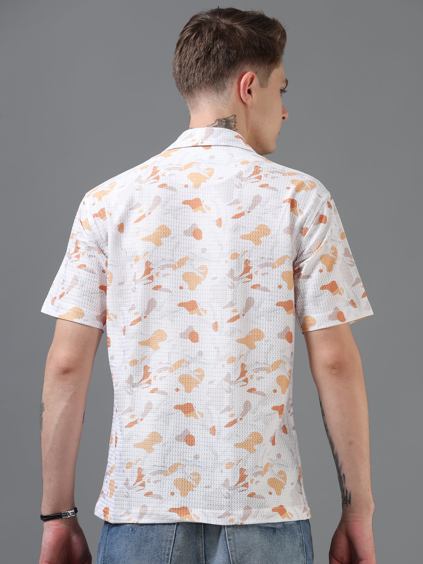 White and Orange Color Tussar cotton Printed Half Sleeve Shirt