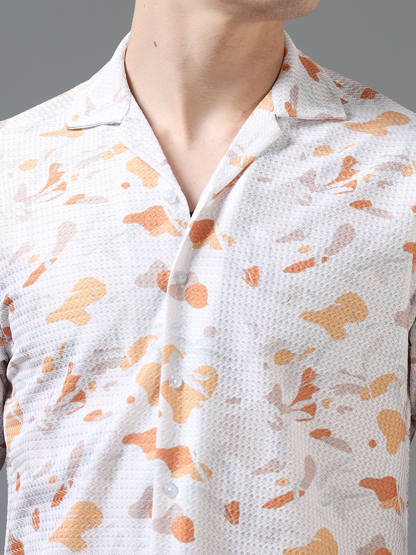 White and Orange Color Tussar cotton Printed Half Sleeve Shirt