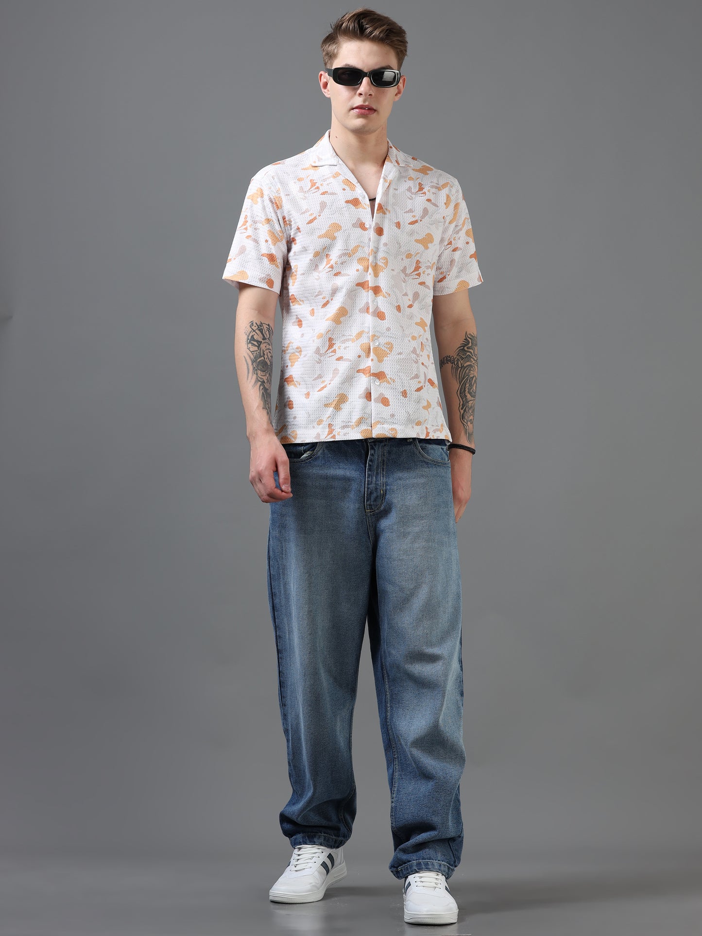 White and Orange Color Tussar cotton Printed Half Sleeve Shirt