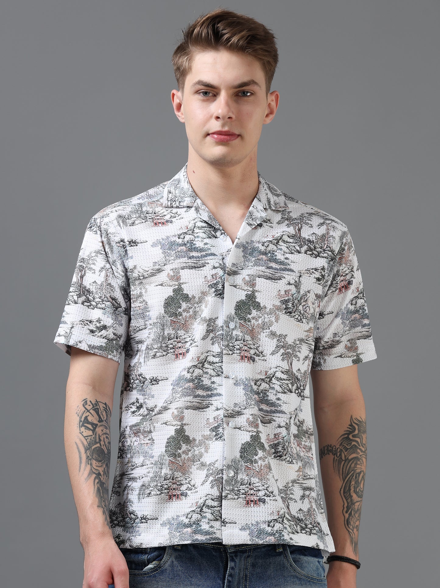 White Color Tussar cotton Printed Half Sleeve Shirt