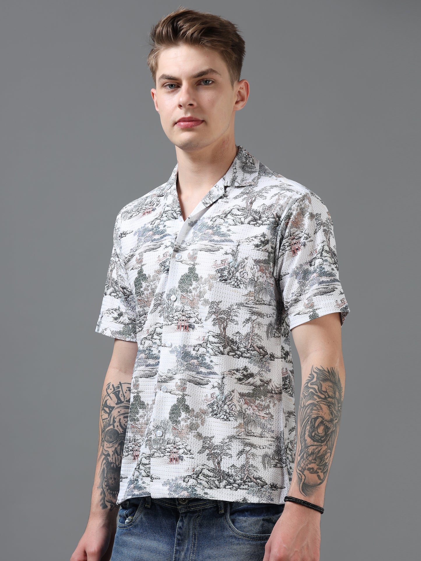 White Color Tussar cotton Printed Half Sleeve Shirt