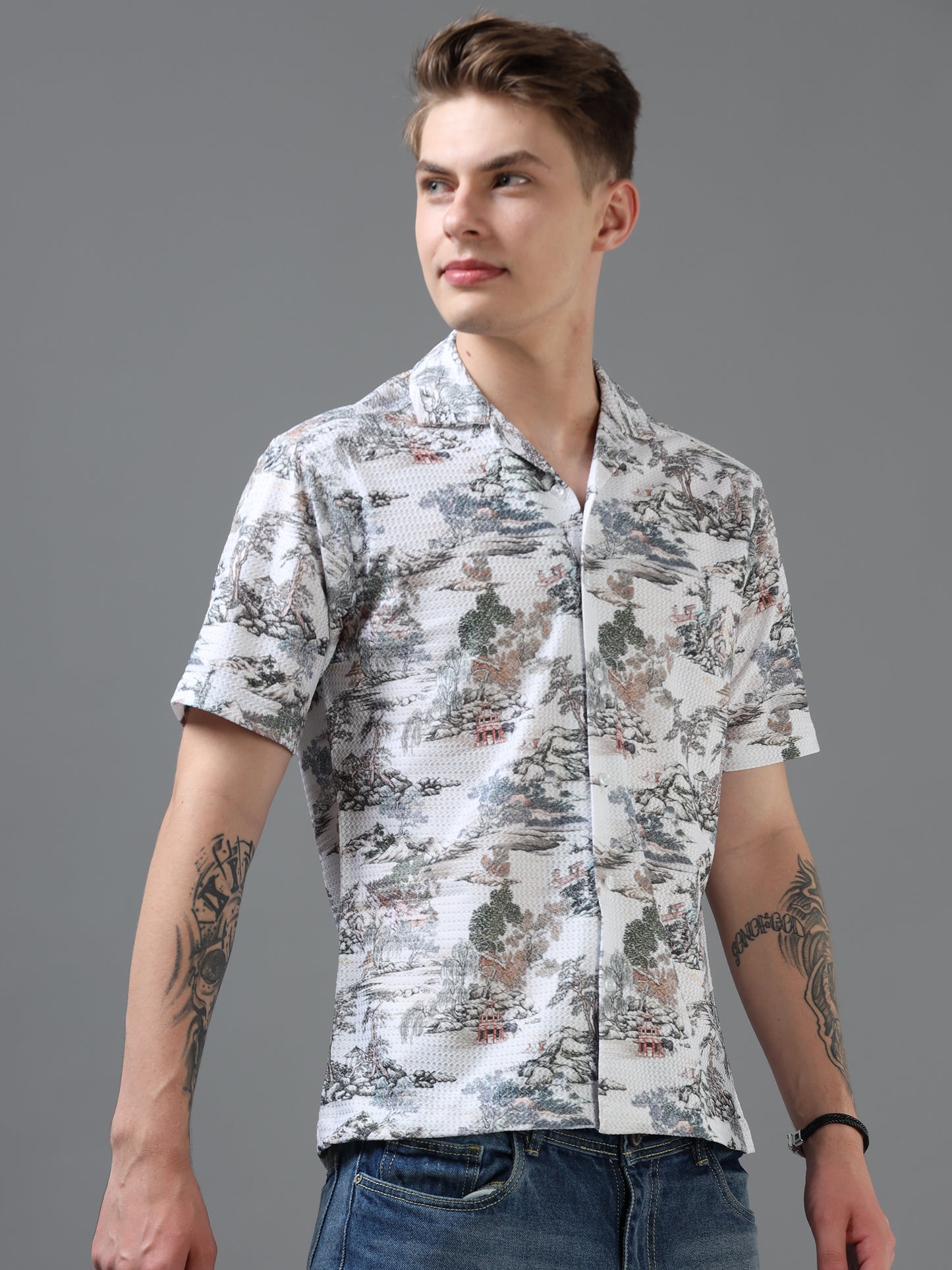 White Color Tussar cotton Printed Half Sleeve Shirt