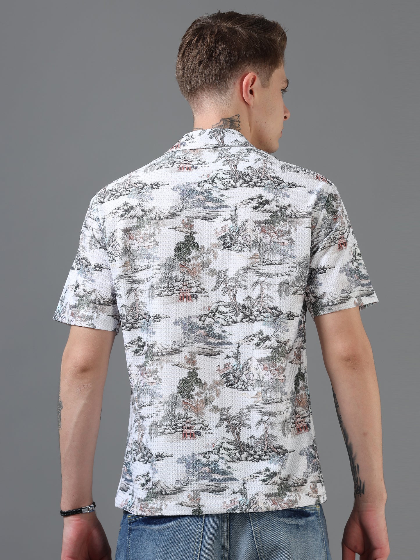 White Color Tussar cotton Printed Half Sleeve Shirt