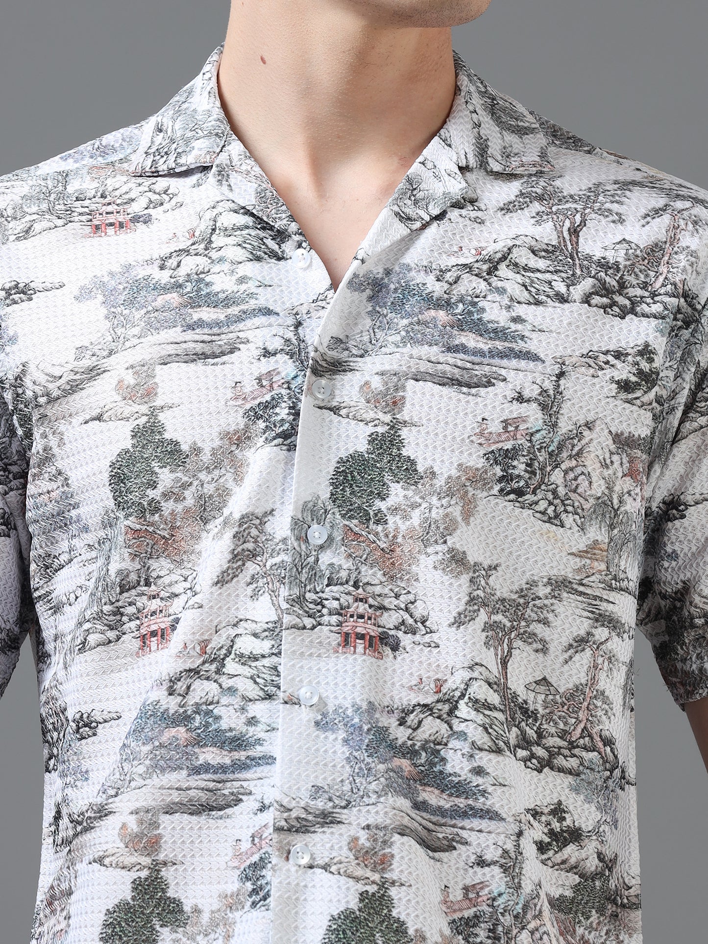White Color Tussar cotton Printed Half Sleeve Shirt