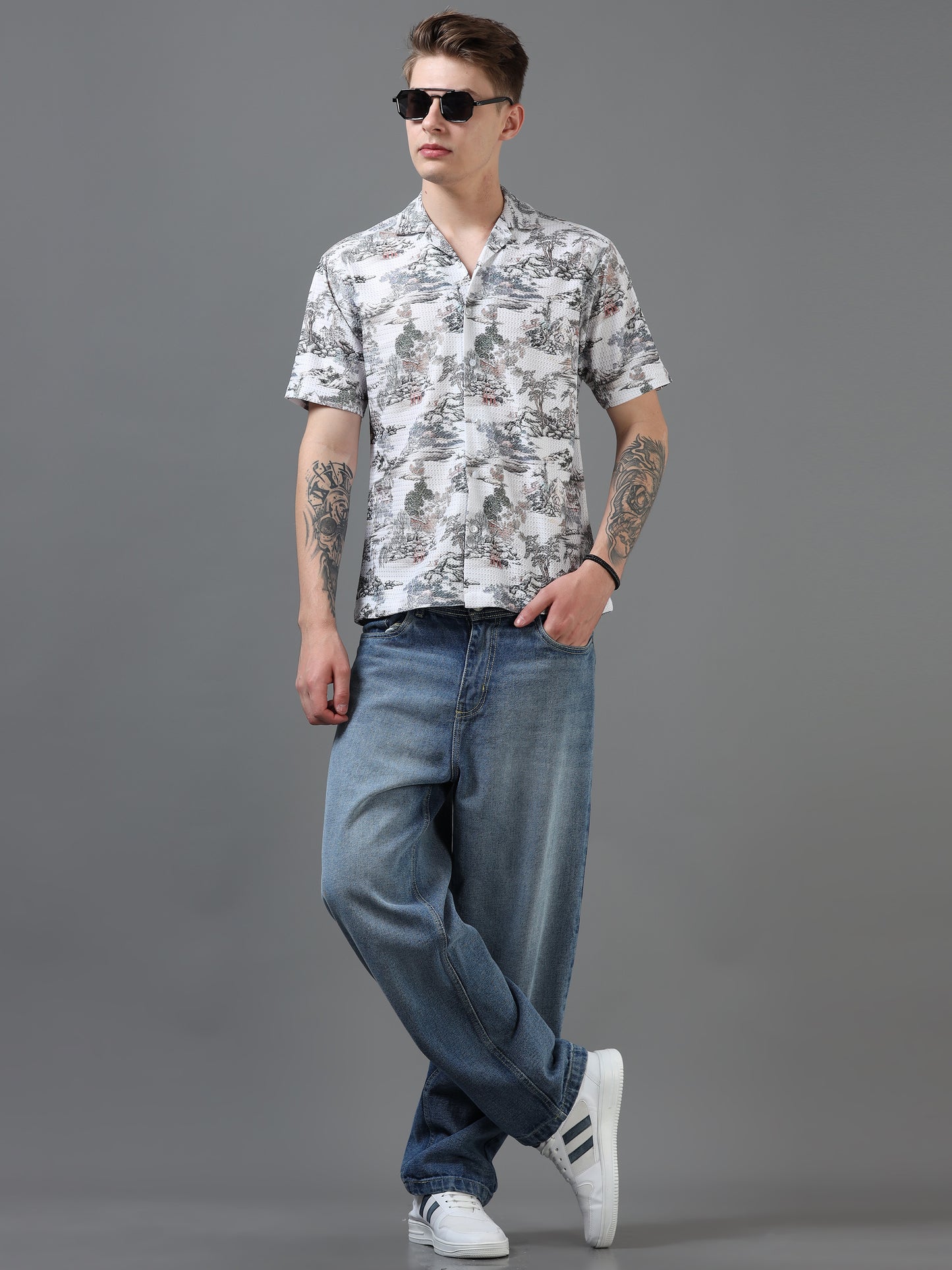 White Color Tussar cotton Printed Half Sleeve Shirt