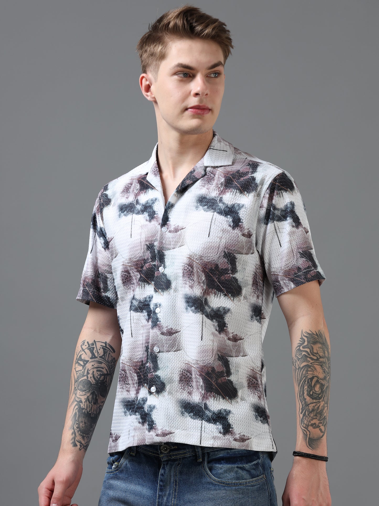 White and multi Color Tussar cotton Printed Half Sleeve Shirt