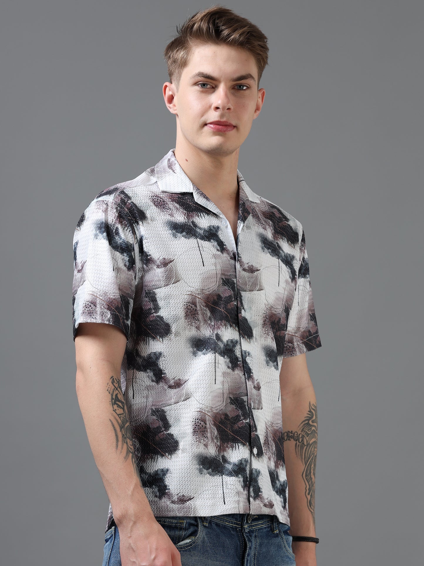 White and multi Color Tussar cotton Printed Half Sleeve Shirt
