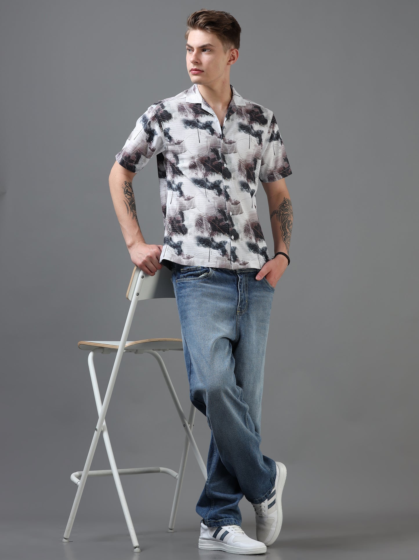 White and multi Color Tussar cotton Printed Half Sleeve Shirt
