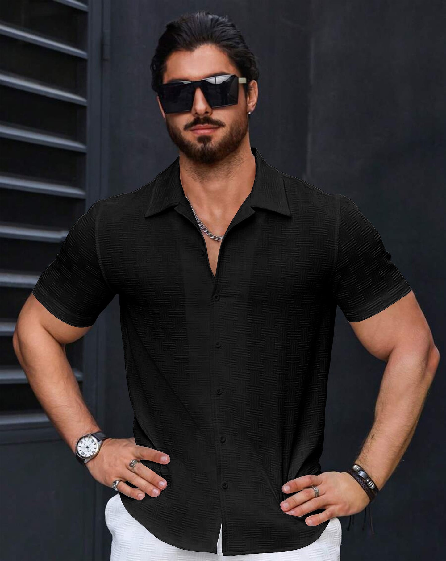 Men's Regular Fit Self Design Grey Color Chatai Popcorn Shirt