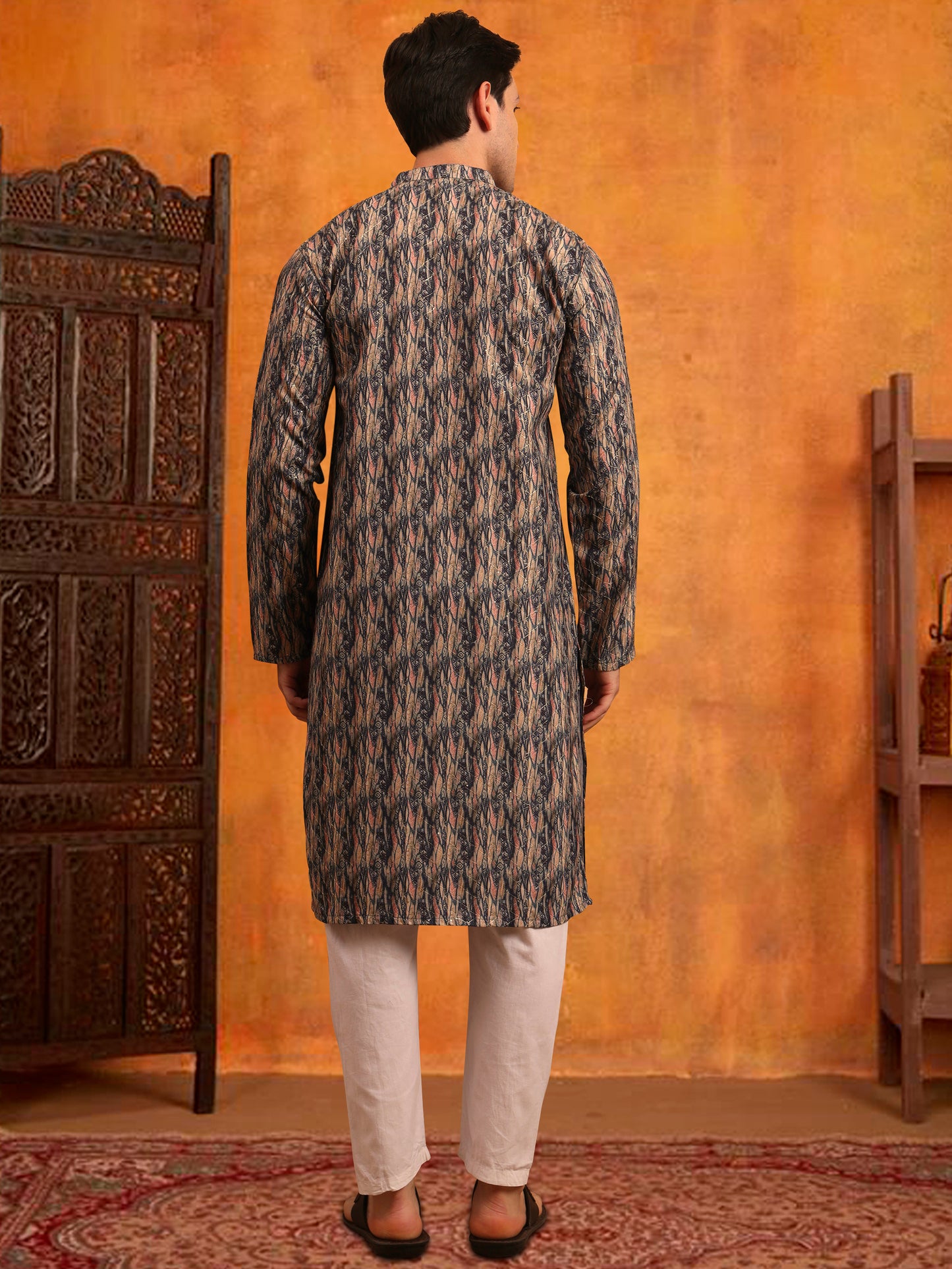 Men’s Grey Color Cotton Kurta with Printed Design