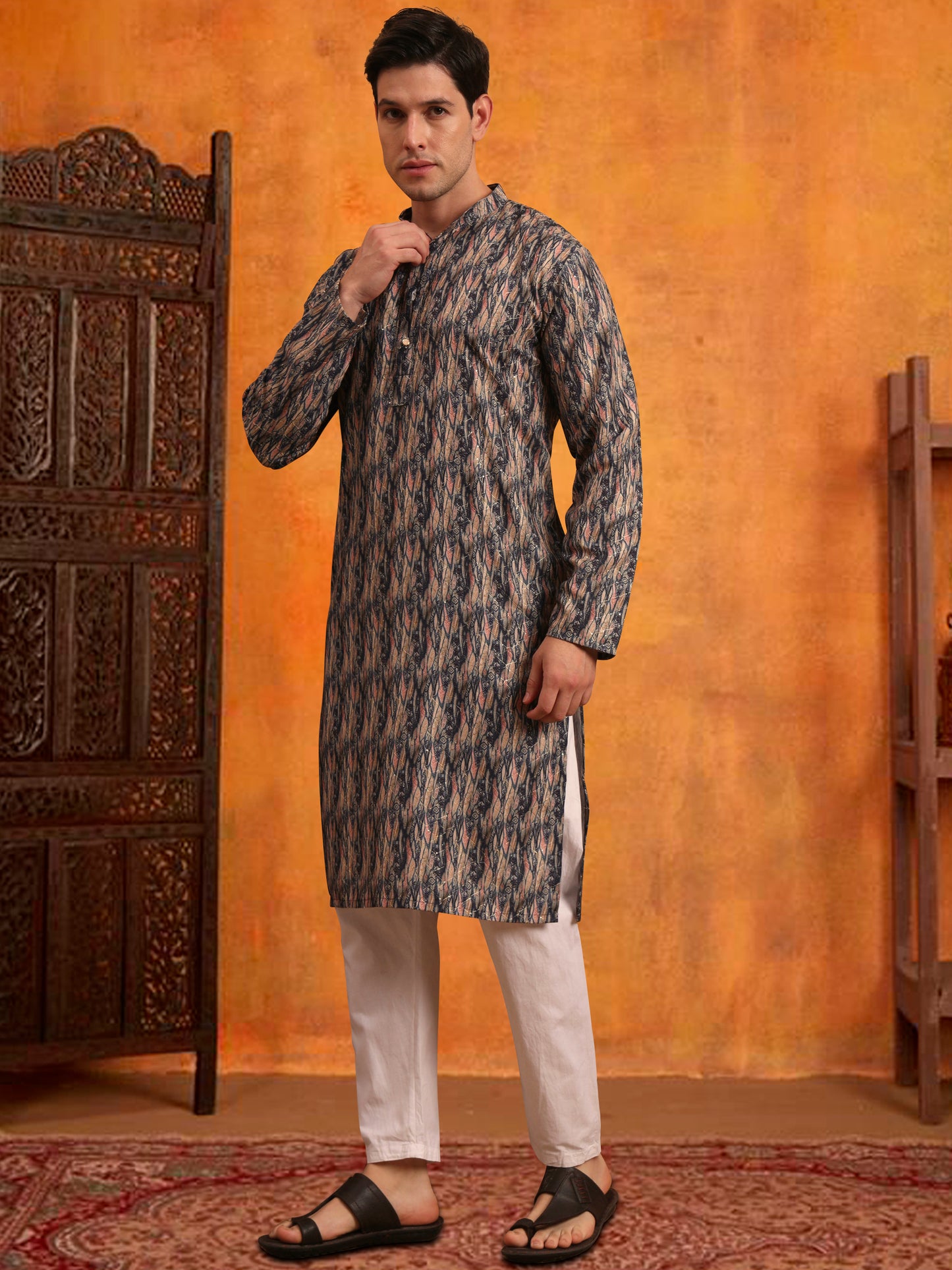 Men’s Grey Color Cotton Kurta with Printed Design