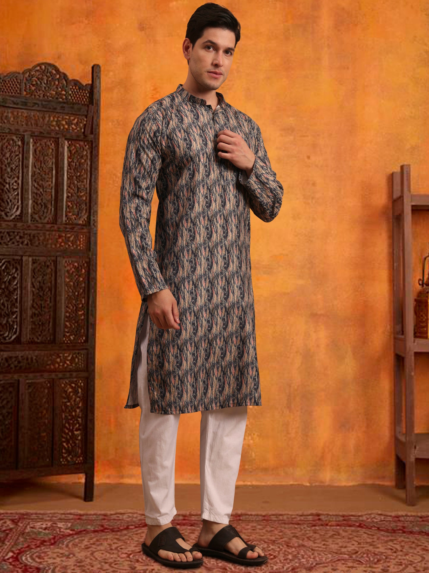 Men’s Grey Color Cotton Kurta with Printed Design