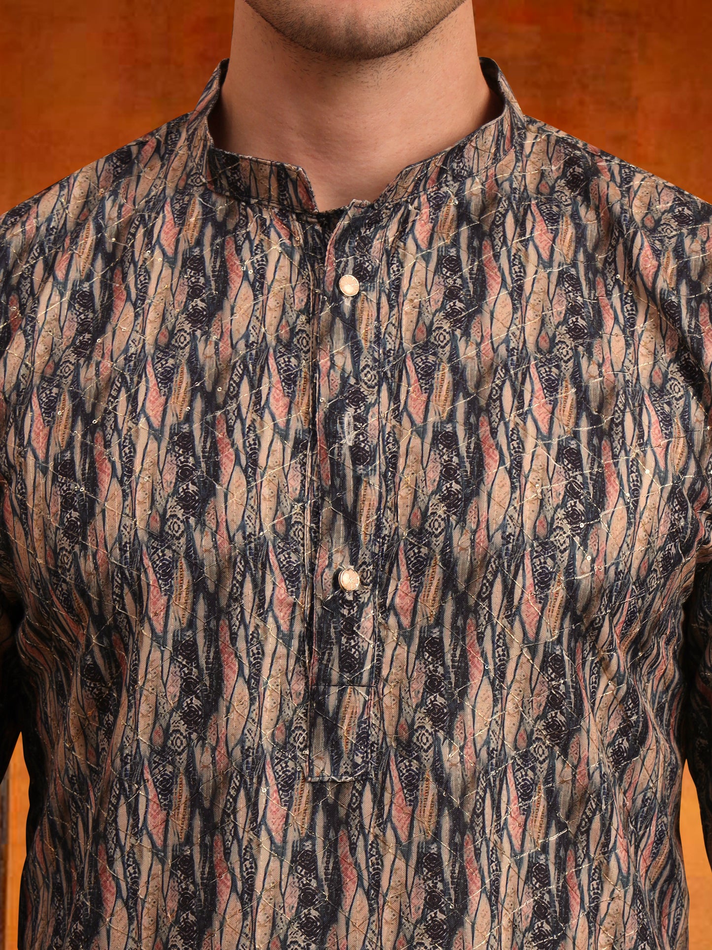 Men’s Grey Color Cotton Kurta with Printed Design