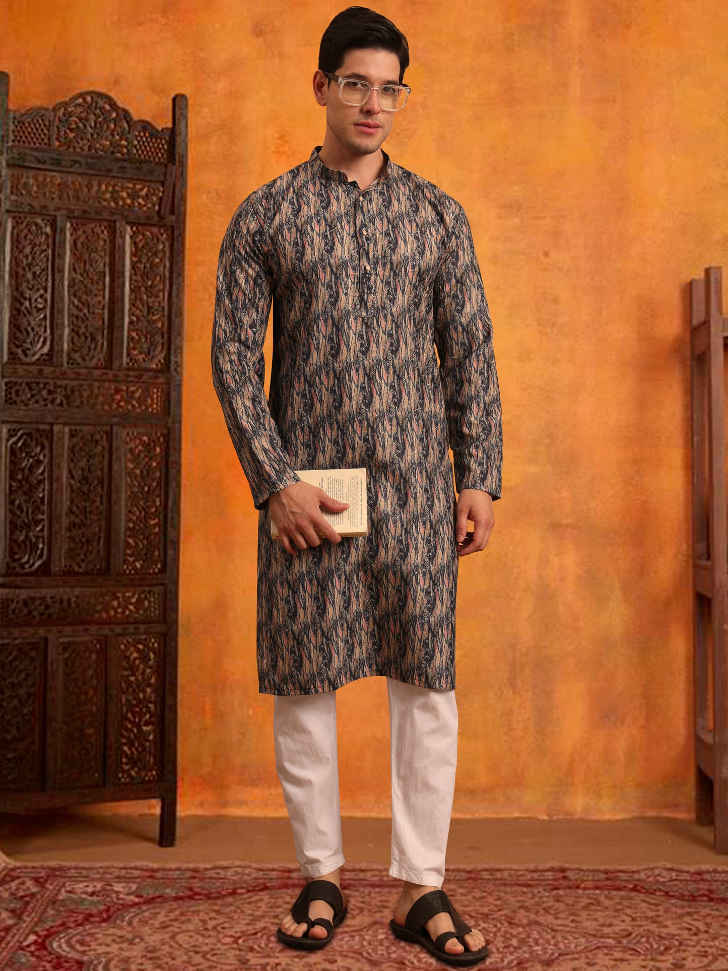 Men’s Grey Color Cotton Kurta with Printed Design