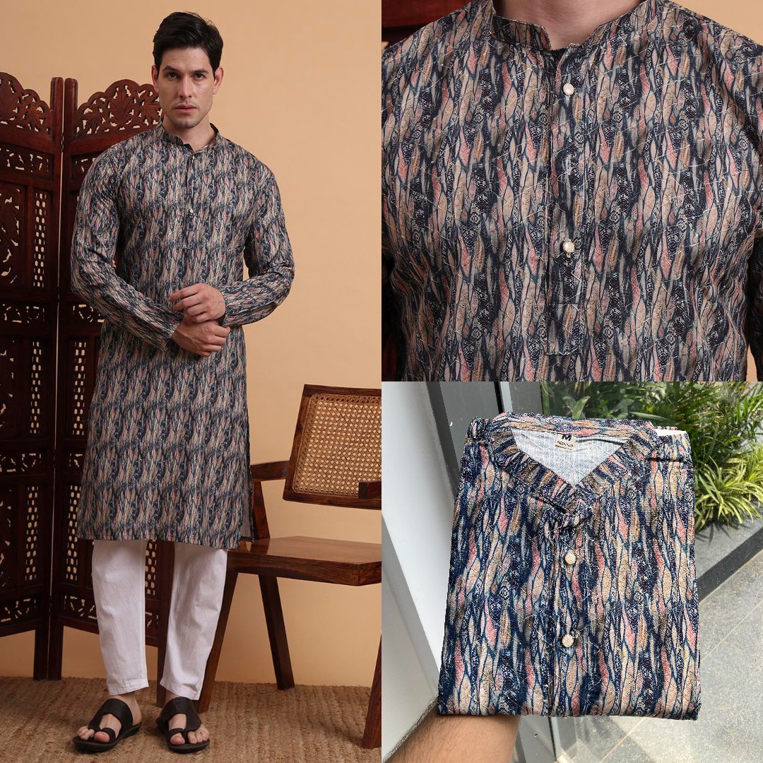 Men’s Grey Color Cotton Kurta with Printed Design