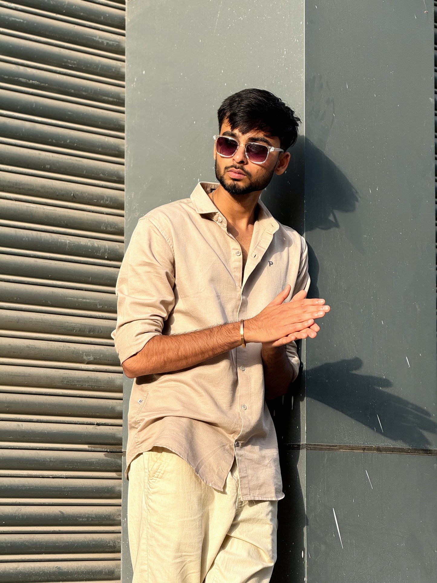 Men's Casual Light Beige Cotton Shirt – Full Sleeve Comfortable Slim Fit