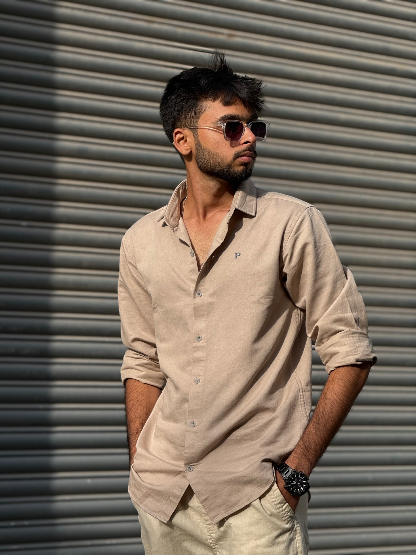 Men's Casual Light Beige Cotton Shirt – Full Sleeve Comfortable Slim Fit