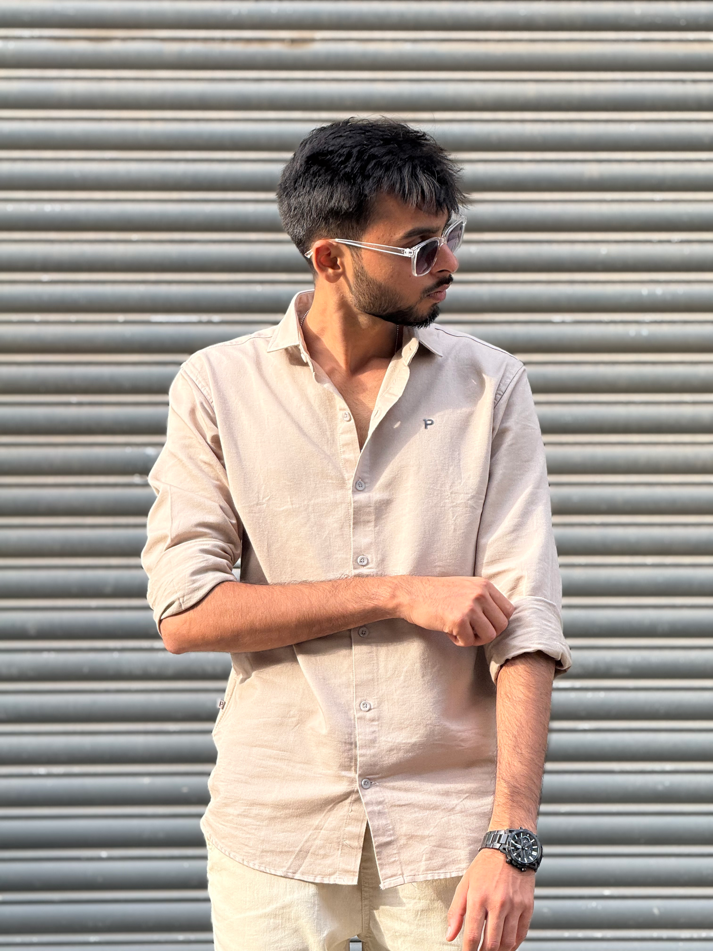 Men's Casual Light Beige Cotton Shirt – Full Sleeve Comfortable Slim Fit